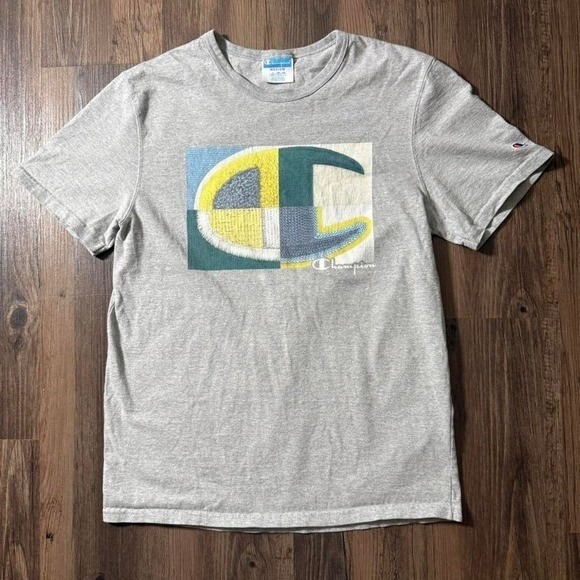 Champion T Shirt Mens Medium Gray Big Logo Graphic Short Sleeve Tee Top - Picture 1 of 8